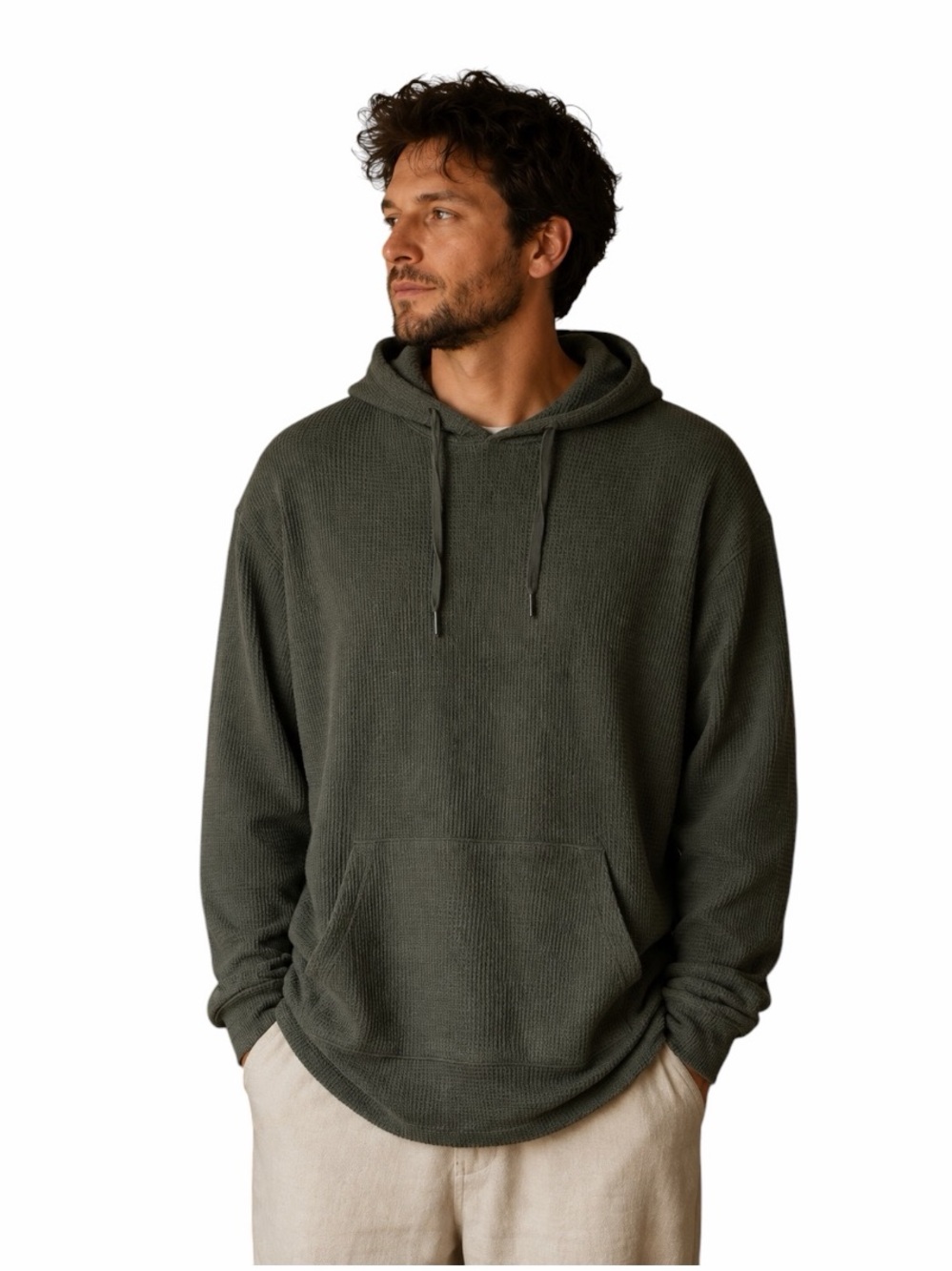 Rainforest XXL Olive Green Waffle Knit Long Sleeve Hooded Shirt Kangaroo Pocket